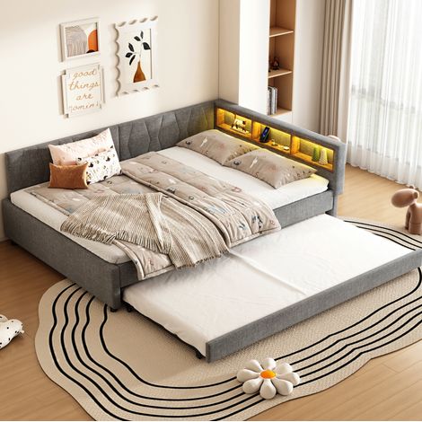 Letto estraibile 140x200 cm grigio in lino e MDF con LED, porte USB-C e vani portaoggetti (1/5)