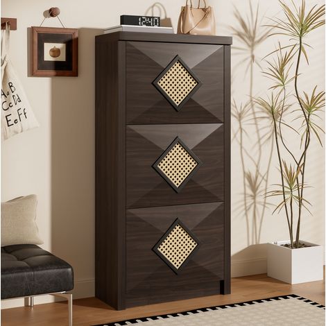Zapatero vintage con decoración de ratán, 3 abatibles, efecto madera oscura 54 x 25 x 115 cm DESVIAE (1/5)