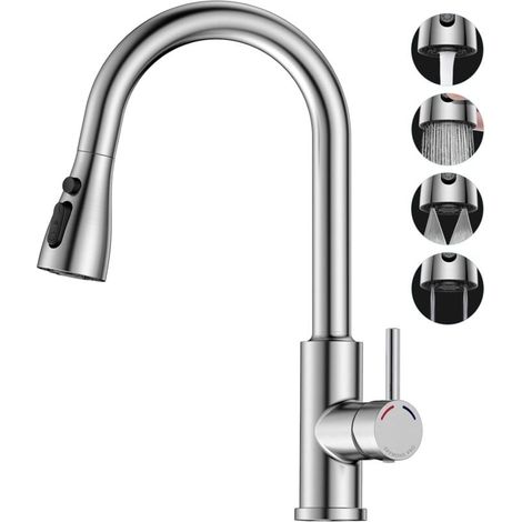 Grifo de cocina con rociador extensible - Grifo mezclador extraíble PRO para fregadero con 4 modos de rociado y rotación de 360° (1/4)