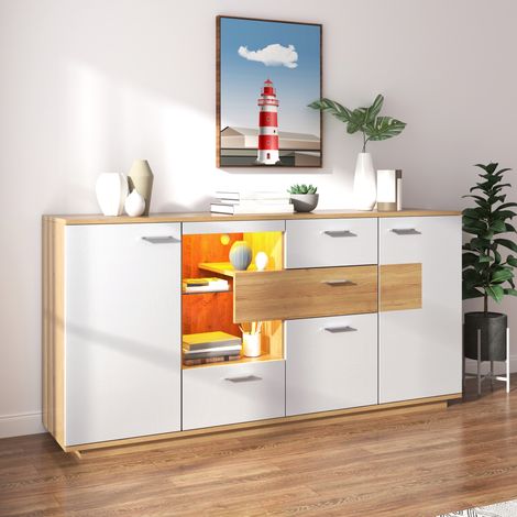Sideboard 40 x 160 x 77 cm, LED-Beleuchtung (16 Farben), MDF, 2 Türen, 4 Schubladen, Naturholz und Weiß