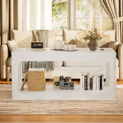 Table basse en MDF blanc 100 x 50 x 44,5 cm avec double plateau (1/5)