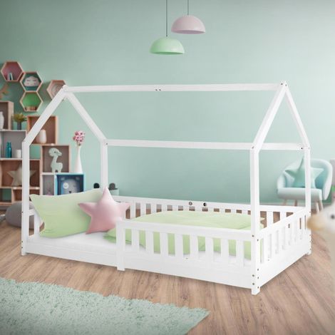 ML-Design Cama Infantil Casa Blanca 90x200 cm de Madera de Pino con Protección Anticaída, Techo y Somier Estructura de Listones, Cuna de Suelo Maciza, Lecho Casita de Juego para Niño y Bebé (1/5)