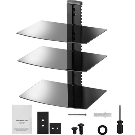 Mophorn Schwebende Glasregale mit 3 Ebenen, TV-Wandhalterung mit Ablage, trägt bis zu 8,7 kg, Entertainment-Center für DVD-Player, PS4, Kabelboxen, Spielekonsolen, Sky Box, TV-Zubehör – Schwarz (1/5)