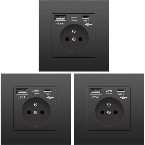Lot de 3 prises murales avec USB et Type-C, 5 V 2,1 A, prise USB encastrée standard UE, multiprise France, 110-250 V (noir) (1/5)