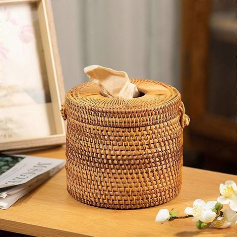 Distributeur de papier toilette rond en rotin, avec porte-rouleau et couvercle, pour salle de bain, maison, hôtel ou bureau. (1/4)