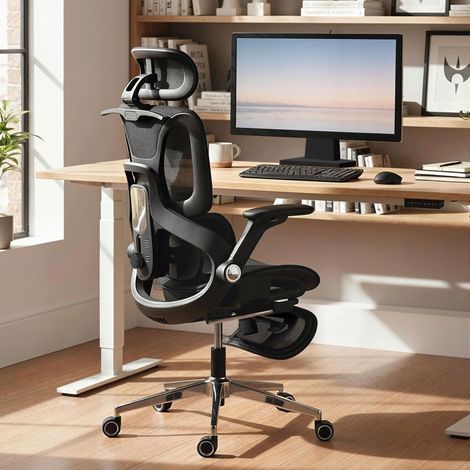 Silla de Escritorio de Malla con Reposapiés Respaldo Reclinable Soporte Lumbar Reposabrazos y Reposacabezas Ajustable (1/5)