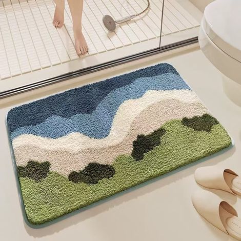 Tapis de bain antidérapant et absorbant – Tapis d’entrée lavable en fausse fourrure polaire, idéal pour salle de bain, douche et entrée (modèle Plage d’été, motif estival, 40 x 60 cm)-lsw