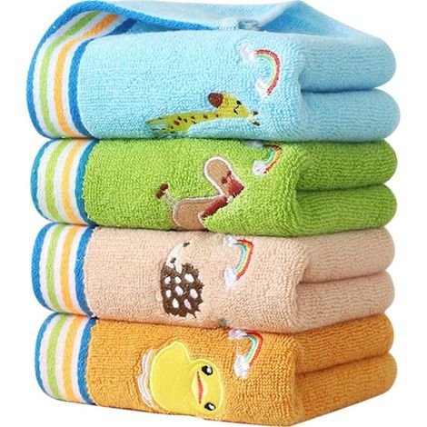 Lot de 4 serviettes de toilette pour enfants, en coton, de 4 couleurs différentes. (1/5)