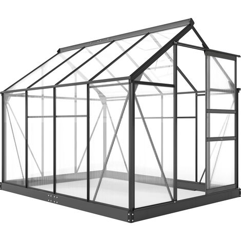 Outsunny 6 x 8ft Polycarbonate Greenhouse, Large Walk-In Green House with Slide Door and Window, Garden Plants Grow House with Aluminium Frame and Foundation, Grey