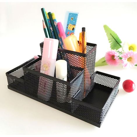 4 Compartments Mesh Pencil Holder Large Capacity Multifunctional Black Desk Organizers for Office School Home (1/5)