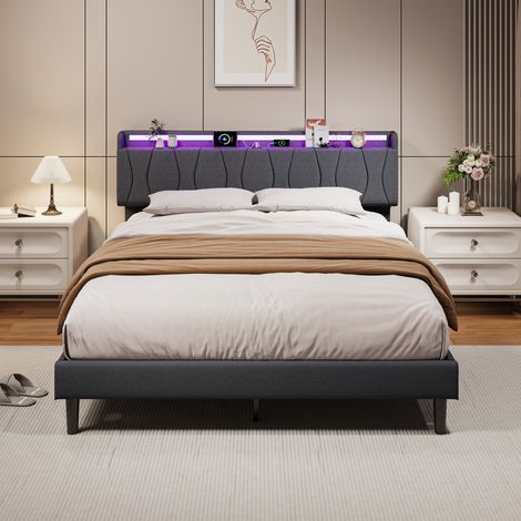 Lit double 140x200 cm avec pieds, lit adult avec Sommier à Lattes, Tête de Lit avec LED, USB‑C Type‑C, gris lin, pour chambre d’invités (1/5)