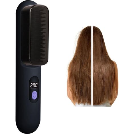 Brosse lissante chauffante céramique sans fil 3 températures, fer à lisser redresser les cheveux, lisseur rechargeable à vapeur, peigne coiffant noir pour bouclage rapide (1/4)