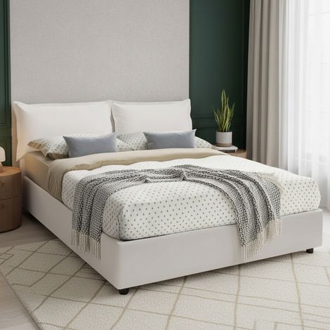 Talamo Italia Cama matrimonial Maya, Cama contenedor con tapizado en ecopiel, 100% Made in Italy, Apertura frontal, adecuado para colchón 140x190 cm, Blanco, con embalaje reforzado (1/5)