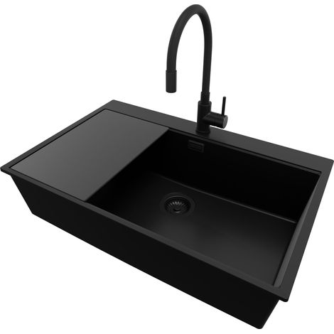 PRIMAGRAN Evier Cuisine en Granit 78x50cm, Lavabo 1 bac + Robinet 40x38cm + Kit de Vidage + Accessoire, Évier à Encastrer au meuble 80cm - Oslo, Tout Noir (1/5)