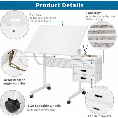 Tablero de mesa metálico de 1500 piezas para rompecabezas, ideal como regalo para adultos, con 4 bandejas, 2 cajones de almacenamiento y ruedas (blanco). (1/5)
