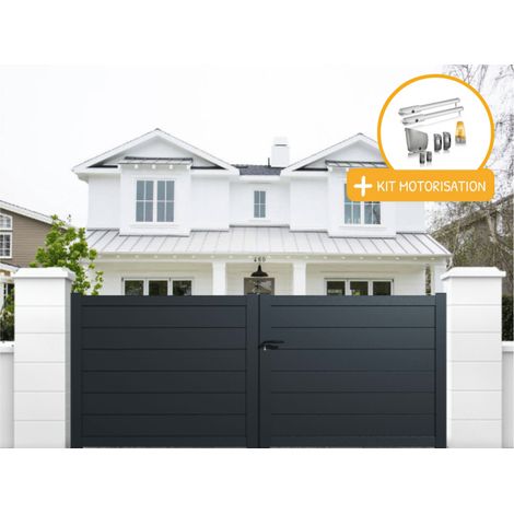 Portail aluminium battant plein en kit + Motorisation dimensions L.4000 (entre piliers) X H.1900 mm SGS Essential (vérins) Couleurs Gris (RAL 7016) (1/2)