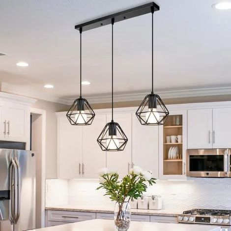 U-do 3 Têtes Lustre Suspension Classique Industriel Lustre en Métal - Noir (1/4)