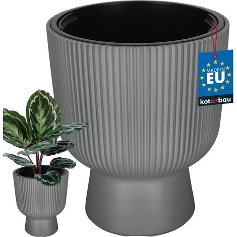 KOTARBAU® Pot de Fleur - Pot Plastique Plante Ø 29 cm - avec Bac Intérieur - Pot de Jardin - Pot de Fleur Exterieur -  H : 36 cm - PVC - Gris - Nervuré (1/4)