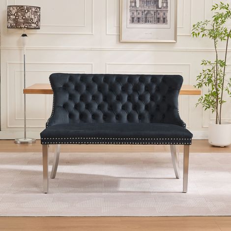 Banquette double en velours pour salle à manger, assise pour cuisine et salle à manger, banquette 2 places capitonnée avec boutons faits main, dossier enveloppant, pieds en acier inoxydable (1/5)