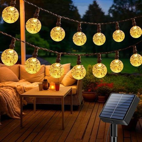 50 LED Guirlande Solaire Extérieur, 15 m avec 8 modes lumineux, étanche IP65, cristal blanc chaud, idéale pour jardin, terrasse et événements