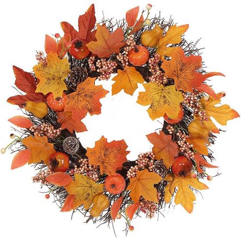 Couronne d'automne 40cm, feuilles d'érable simulées, décoration murale de porte, guirlande en rotin pour récolte, décoration de Thanksgiving, pendaison de festival (1/4)