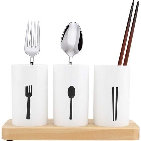 Organisateur d'ustensiles de cuisine - avec séparateurs amovibles - Base en chêne - pour cuillères, fourchettes et couteaux (1/3)