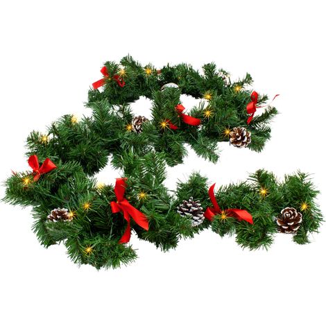LED Tannengirlande grün mit Zapfen und Schleifen warm weiß beleuchtet - 183 cm mit 35 LED - Weihnachtsgirlande Batterie betrieben mit Timer - Deko Beleuchtung Kunst Tanne Girlande für Weihnachten Adve