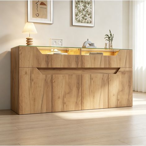Aparador 140 x 40 x 70 cm con tablero de vidrio templado, 2 cajones, efecto madera natural HAVRYA (1/5)