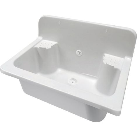 Lavabo mural extérieur, 56 x 37 cm, blanc, double vasque, pour jardin et garage, kit de montage et de vidange inclus, Negrari (1/2)