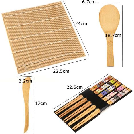Ensemble pour sushis en bambou : tapis à sushis, rideau à sushis, lame, cuillère et baguettes. (1/5)