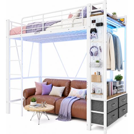 Lit mezzanine 90x200 cm en métal et MDF, avec LED multicolore, prises USB et USB-C, rangement, 4 tiroirs, échelle et barres - CHICFURN (1/5)