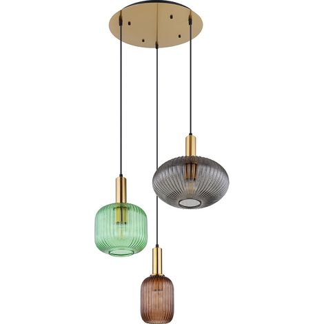 Globo – Suspension rétro laiton 3 flammes – Abat-jours en verre fumé et vert café – Hauteur réglable jusqu'à 130 cm – Douilles E27 – IP20 (1/5)