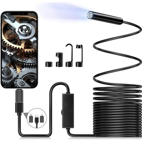 Cámara de inspección endoscópica, endoscopio tipo serpiente 1080p HD, endoscopio tipo C con 8 luces LED, cable semirrígido de 5 m, resistente al agua IP67, para smartphones Android e iOS. (1/5)