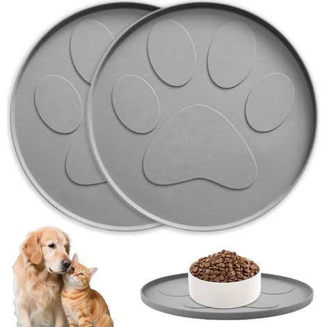 Tapis pour gamelle JeiibrZui pour chien - Lot de 2 - Tapis rond en silicone de 27,5 cm - Antidérapant - Gris (1/5)