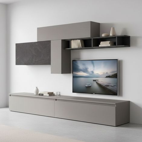 Dmora - Wohnzimmermöbel Anacamptis, Modulares Wohnzimmerset, Mehrzweck-Wohnzimmermöbel, Moderner TV-Schrank, Made in Italy, 276x40 h180 cm, Schiefer und Dunkelgrau (1/4)