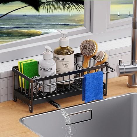 Organizzatore per lavello da cucina, porta spugna in acciaio inox con vassoio raccogligocce rimovibile, divisorio rimovibile con portasciugamani, soluzione per orientare e riporre gli utensili da cuci (1/5)