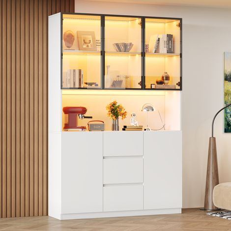Vitrine en Verre Trempé avec Éclairage LED Contrôlé par App, Meuble de Salon Blanc avec 3 Tiroirs et 2 Portes, 120x40x200 cm (1/5)