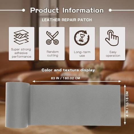 Kit de réparation pour patchs en po autocollants imperméables meubles 10,1 x 160 cm 4 x 63 10,1 x 160 cm 4 x Cuir Gris (1/4)