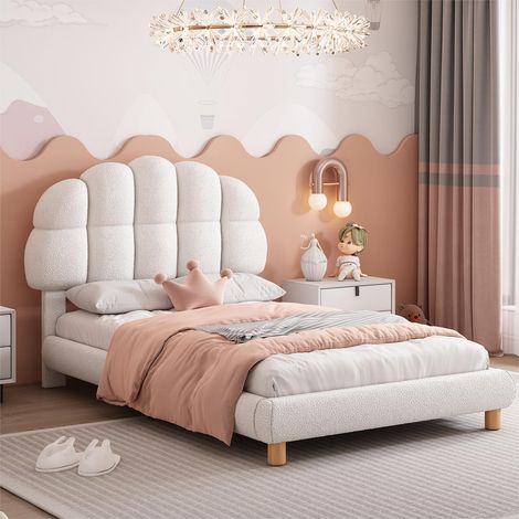 Lit enfant simple 90x200cm rembourré en tissu bouclette - tête de lit en forme de guimauve - avec sommier à lattes en MDF - Blanc (1/5)