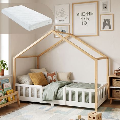 Kinderbett Treviolo 90x200 cm mit Kaltschaummatratze und Gitter Weiß / Natur [en.casa] (1/5)