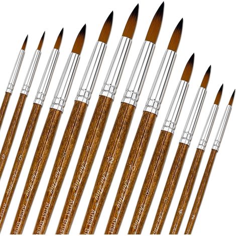 12 Pièces Nylon Pinceaux Peinture Acrylique, Artiste Pinceau Set pour Aquarelle Gouache Peinture à l'huile, Art Paint Brush Ronds Pointus Langue de Chat Ovale Lavage (Brun) (1/5)