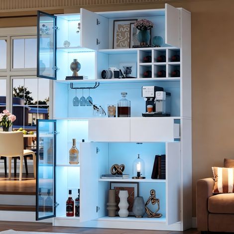 Buffet vitrine 120x33x200 cm avec LED, 6 portes, 2 tiroirs, niches ouvertes, bois blanc pour salon (1/5)