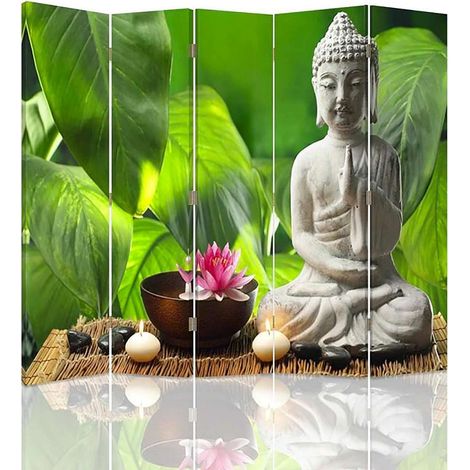 Paravent Buddha Zen pour intimité et décoration - 4/5 volets - 180 x 180 cm - 1 face déco, 1 face noir