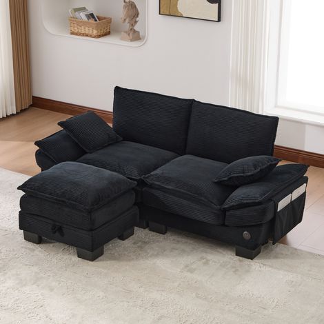Sofá modular 2 plazas 190x132x84 cm negro en pana con reposapiés, USB-C, bolsillos laterales y arcón (1/5)