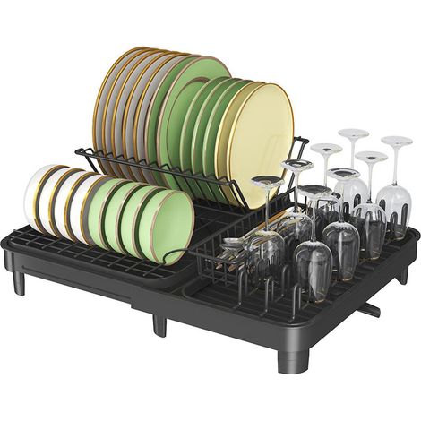 Égouttoir à vaisselle peu encombrant avec pieds surélevés, support à couverts amovible et bec rotatif, en acier au carbone pour assiettes, verres et autres couverts - Noir (1/5)