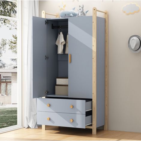 Armario 89.6x44x180.5 cm azul y madera maciza con barra para colgar y 2 cajones (1/5)