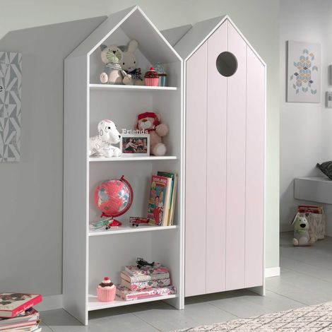 Ensemble armoire bibliothèque bois laqué rose et blanc Camila (1/5)