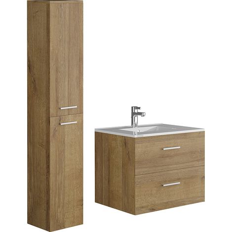 Mobile bagno sospeso con lavabo singolo e colonna portaoggetti 60 cm Naturale Chiaro - KAYLA
