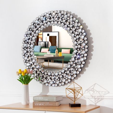 Specchio da parete rotondo decorativo con cristalli brillanti, 86 cm (34 pollici), stile elegante per bagno, soggiorno o camera da letto – finitura lussuosa e design senza tempo