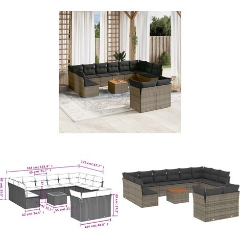 13-tlg. Garten-Sofagarnitur mit Kissen Grau Poly Rattan - Gartensortiment - Outdoor Möbel - Lounge Set - Gartenlounge - Esstischset - Home & Living